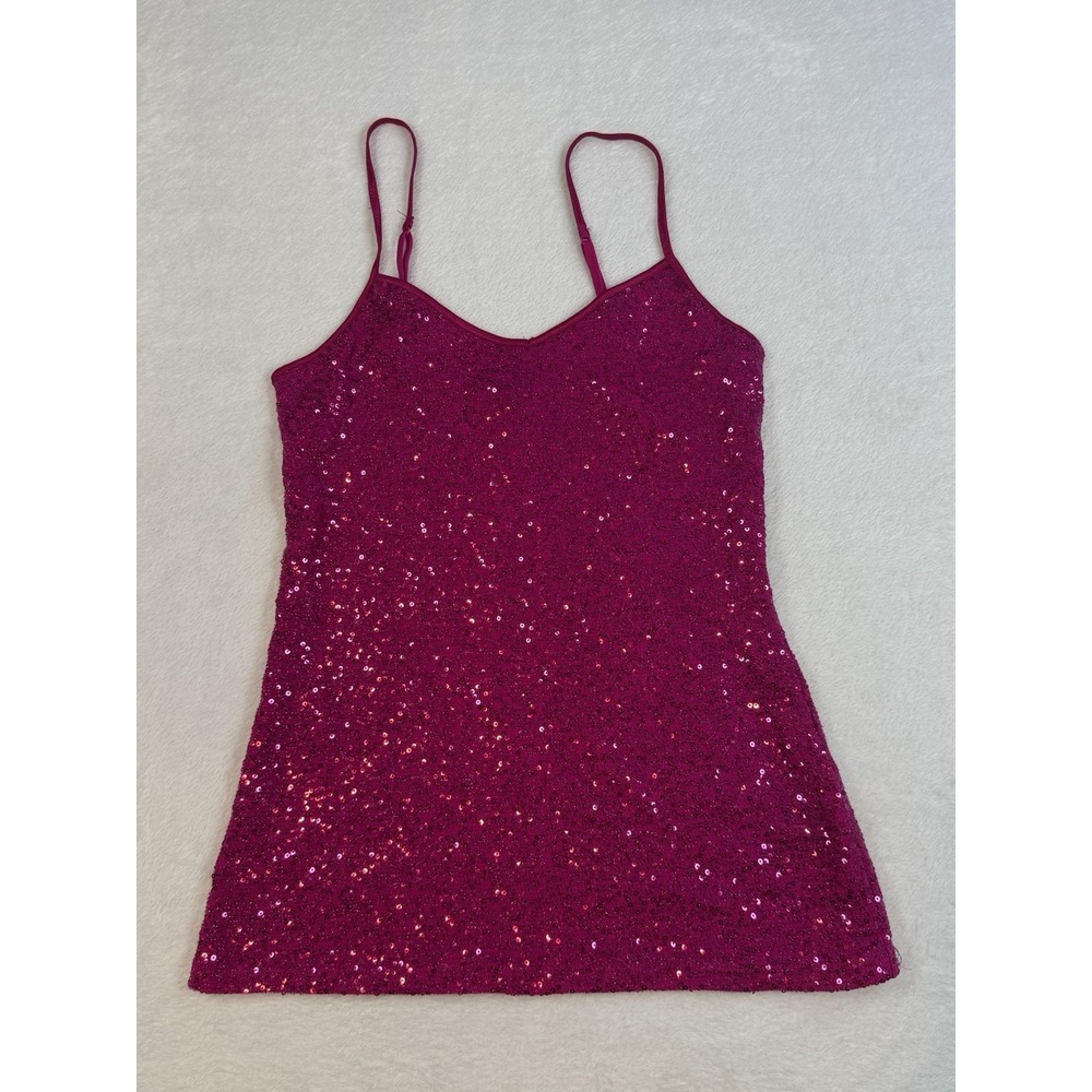 Y2K Sequin Stretchy Cami Top Pink‎ Adjustable Spaghetti Straps XS Barbie Pink